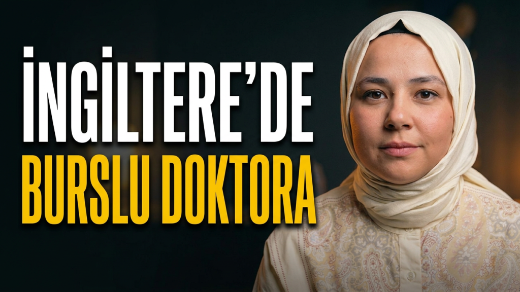 Semanur Darbaz in a cream headscarf, beside the cover line “İngiltere’de burslu doktora” (a funded doctorate in England).
